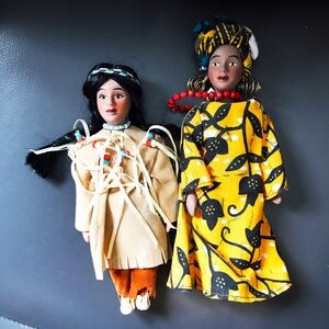 Two Handmade Vintage  Porcelain Indigenous African & N. American Dolls